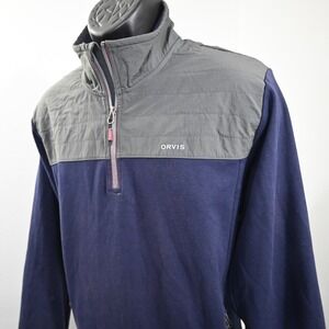 Orvis 1/4 Zip Jacket Mens Large Blue / Gray Pullover W/ Pockets Elbow Pads